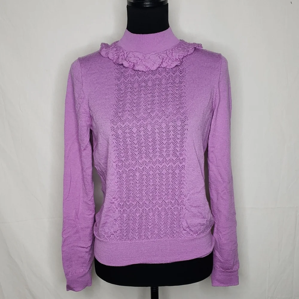 J Crew Knit 100% Merino Wool Mockneck Pointelle Stich Relaxed Sweater Layer